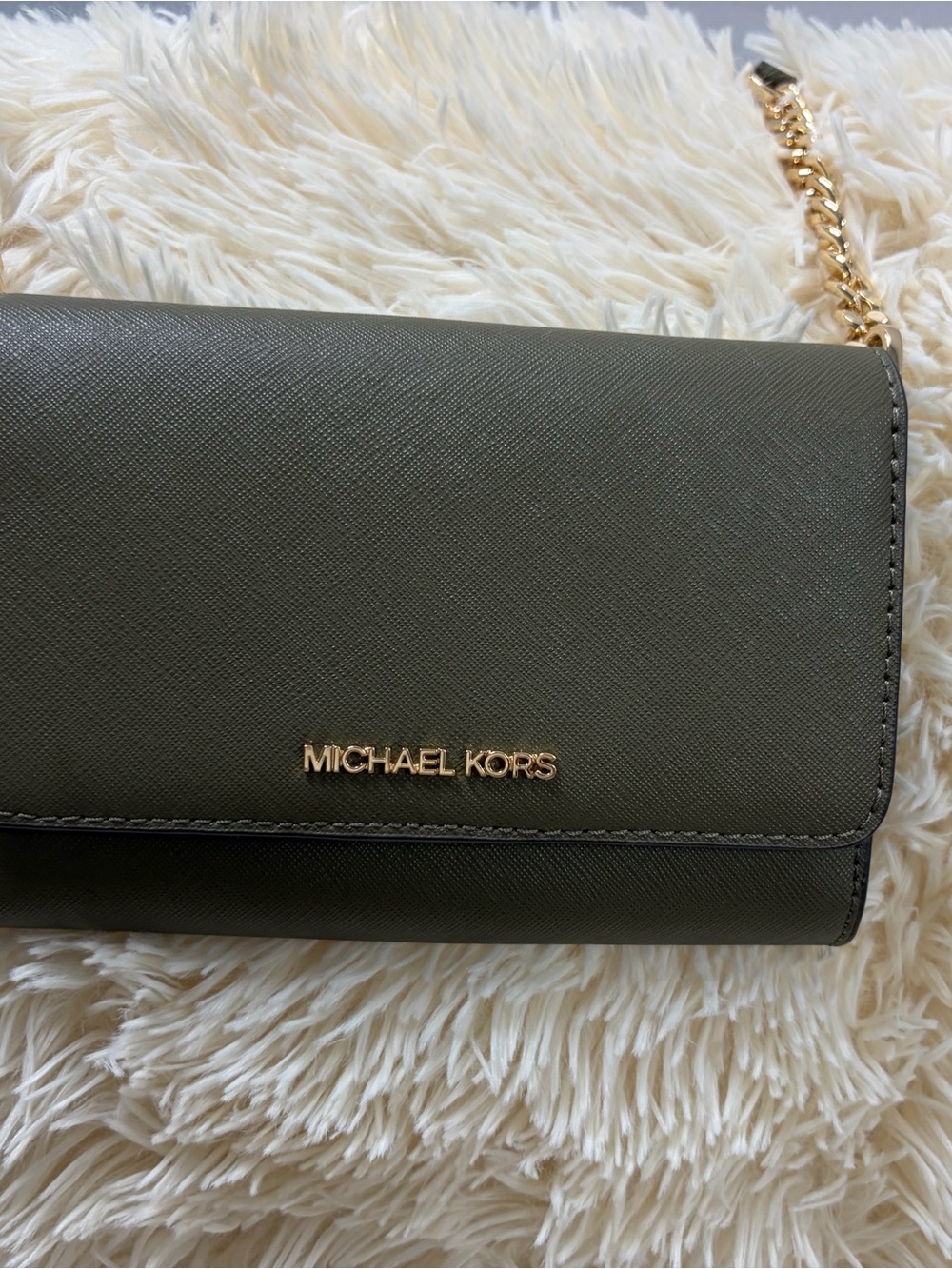 Michael Kors Olive Saffiano Leather Chain Wallet with Gold Hardware